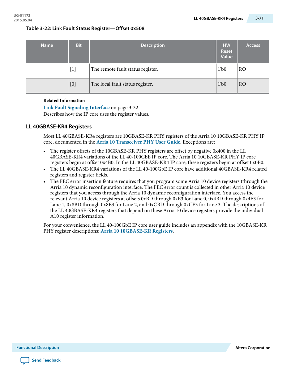 Ll 40gbase-kr4 registers | Altera Low Latency 40-Gbps Ethernet MAC and PHY MegaCore Function User Manual | Page 116 / 196