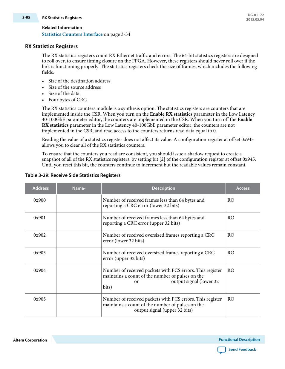 Rx statistics registers | Altera Low Latency 40-Gbps Ethernet MAC and PHY MegaCore Function User Manual | Page 143 / 196