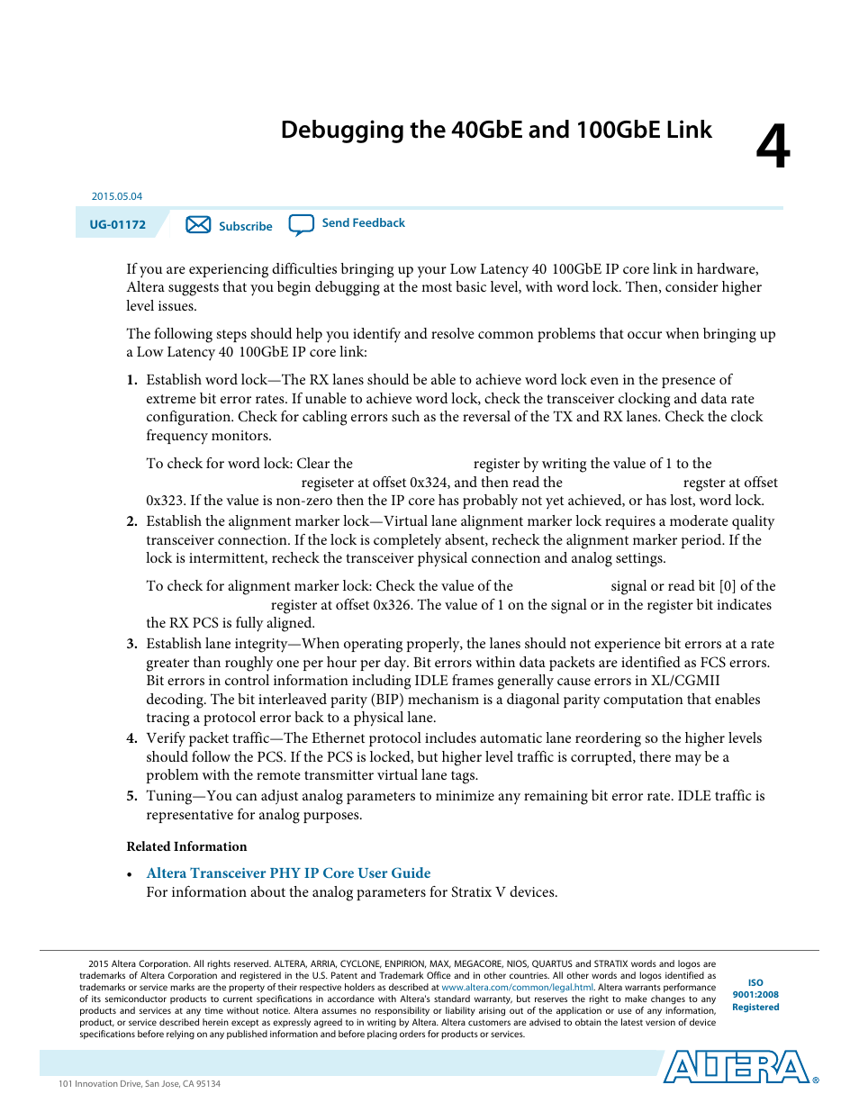 Debugging the 40gbe and 100gbe link, Debugging the 40gbe and 100gbe link -1 | Altera Low Latency 40-Gbps Ethernet MAC and PHY MegaCore Function User Manual | Page 152 / 196