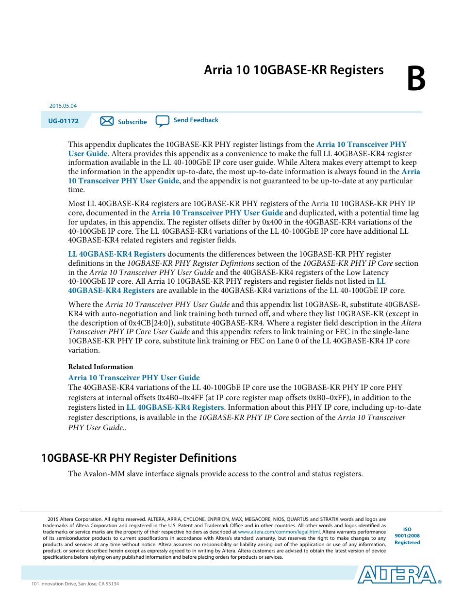 B. arria 10 10gbase-kr registers, 10gbase-kr phy register definitions, Arria 10 10gbase-kr registers | Altera Low Latency 40-Gbps Ethernet MAC and PHY MegaCore Function User Manual | Page 160 / 196