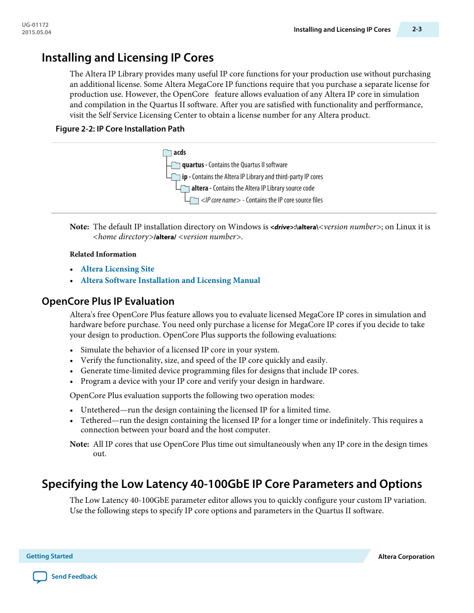Installing and licensing ip cores, Opencore plus ip evaluation, Installing and licensing ip cores -3 | Opencore plus ip evaluation -3 | Altera Low Latency 40-Gbps Ethernet MAC and PHY MegaCore Function User Manual | Page 17 / 196