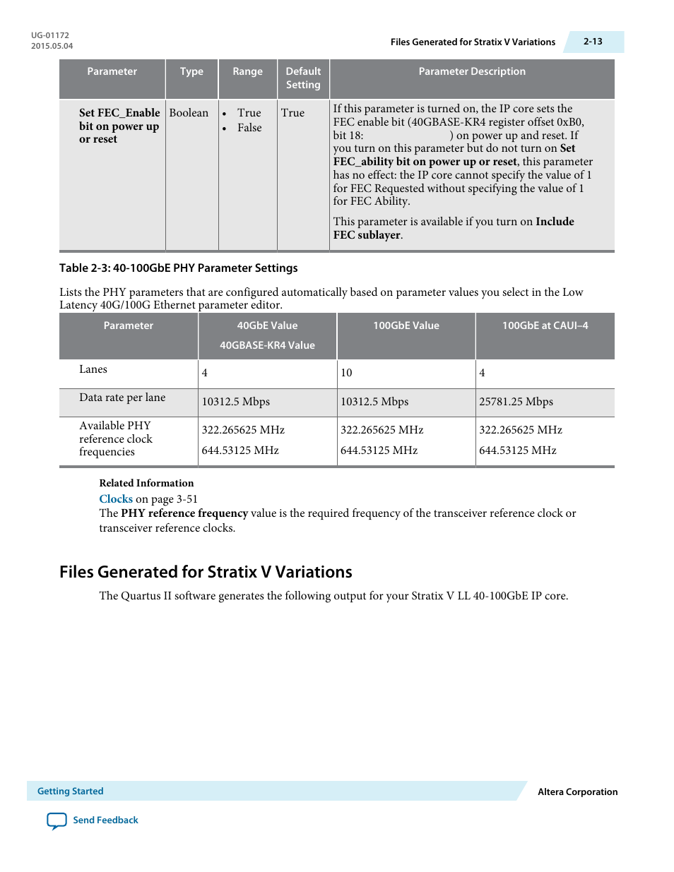 Files generated for stratix v variations, Files generated for stratix v variations -13 | Altera Low Latency 40-Gbps Ethernet MAC and PHY MegaCore Function User Manual | Page 27 / 196