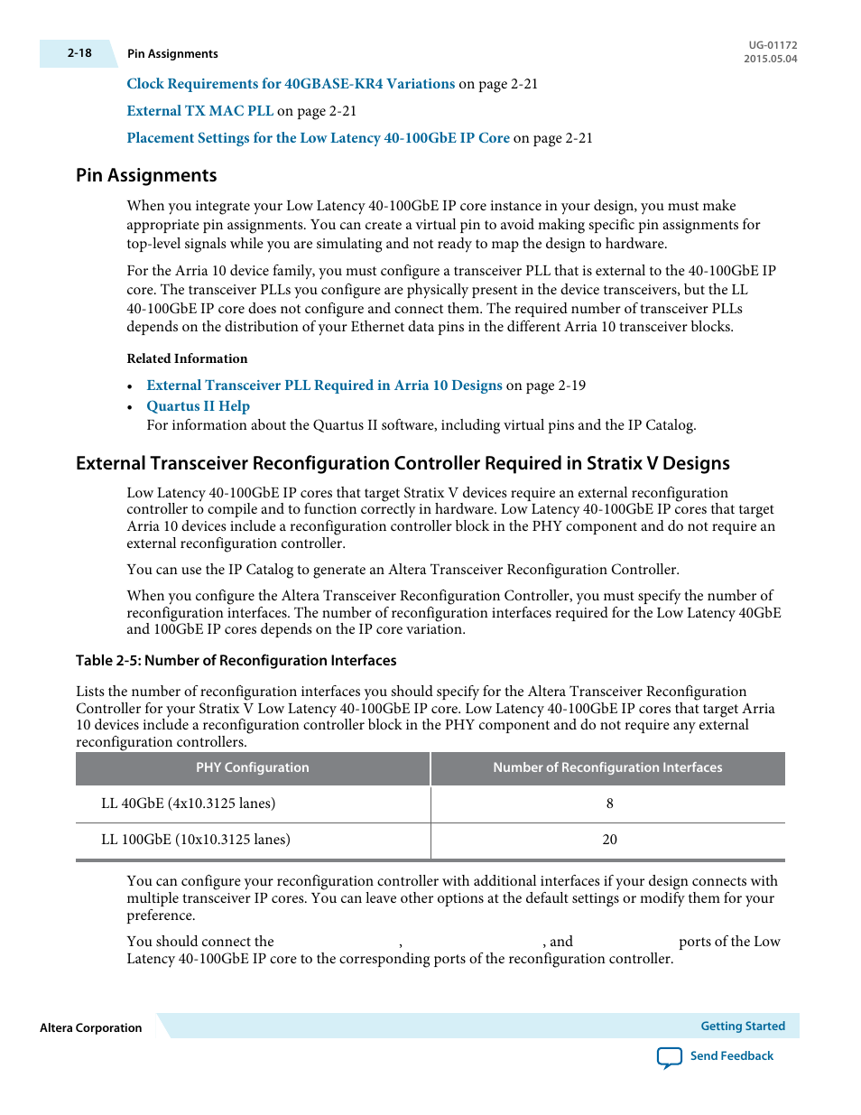 Pin assignments, Pin assignments -18 | Altera Low Latency 40-Gbps Ethernet MAC and PHY MegaCore Function User Manual | Page 32 / 196