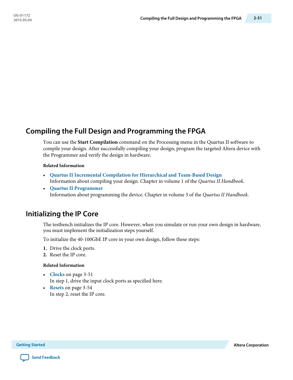 Compiling the full design and programming the fpga, Initializing the ip core, Initializing the ip core -31 | Altera Low Latency 40-Gbps Ethernet MAC and PHY MegaCore Function User Manual | Page 45 / 196
