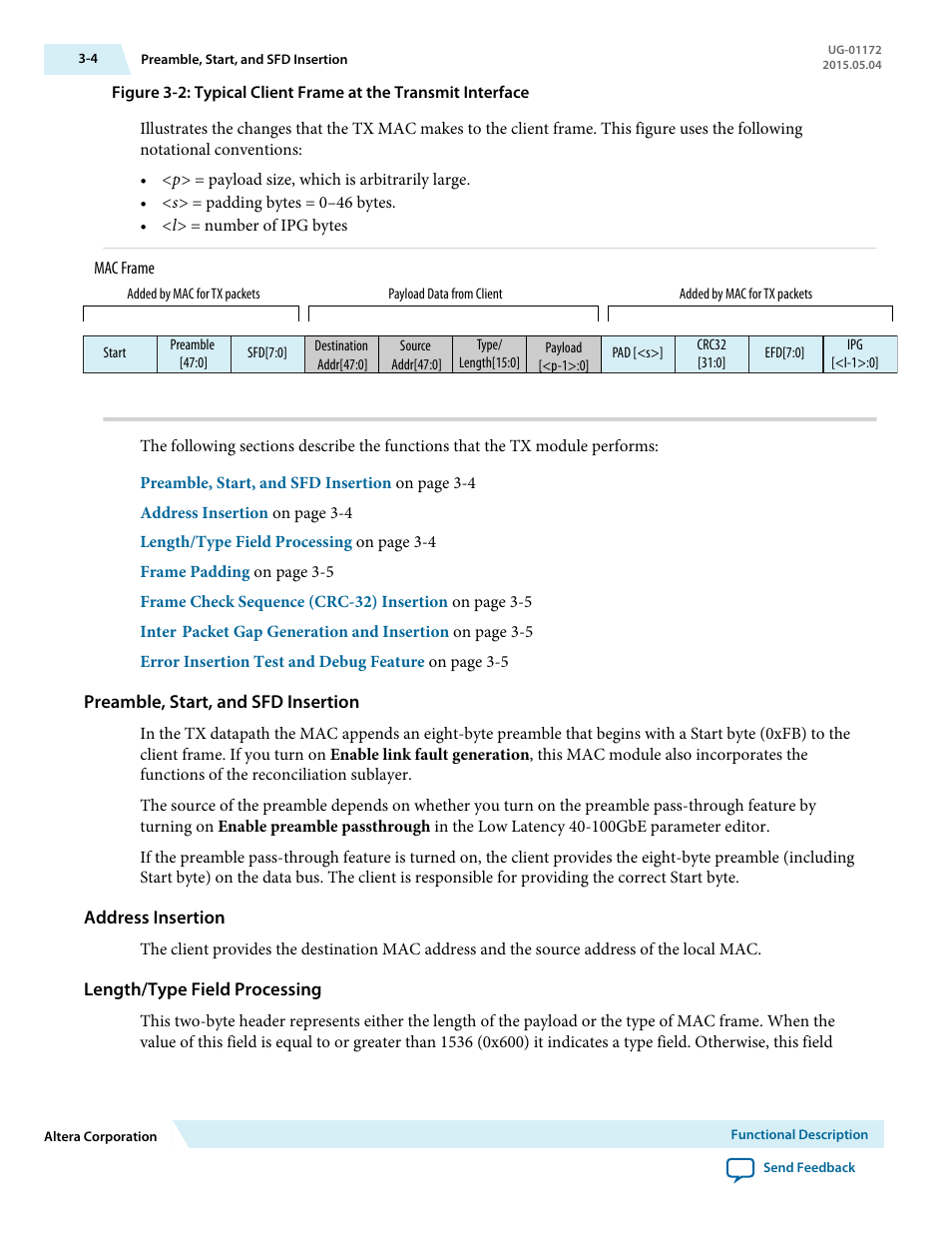 Preamble, start, and sfd insertion, Address insertion, Length/type field processing | Altera Low Latency 40-Gbps Ethernet MAC and PHY MegaCore Function User Manual | Page 49 / 196