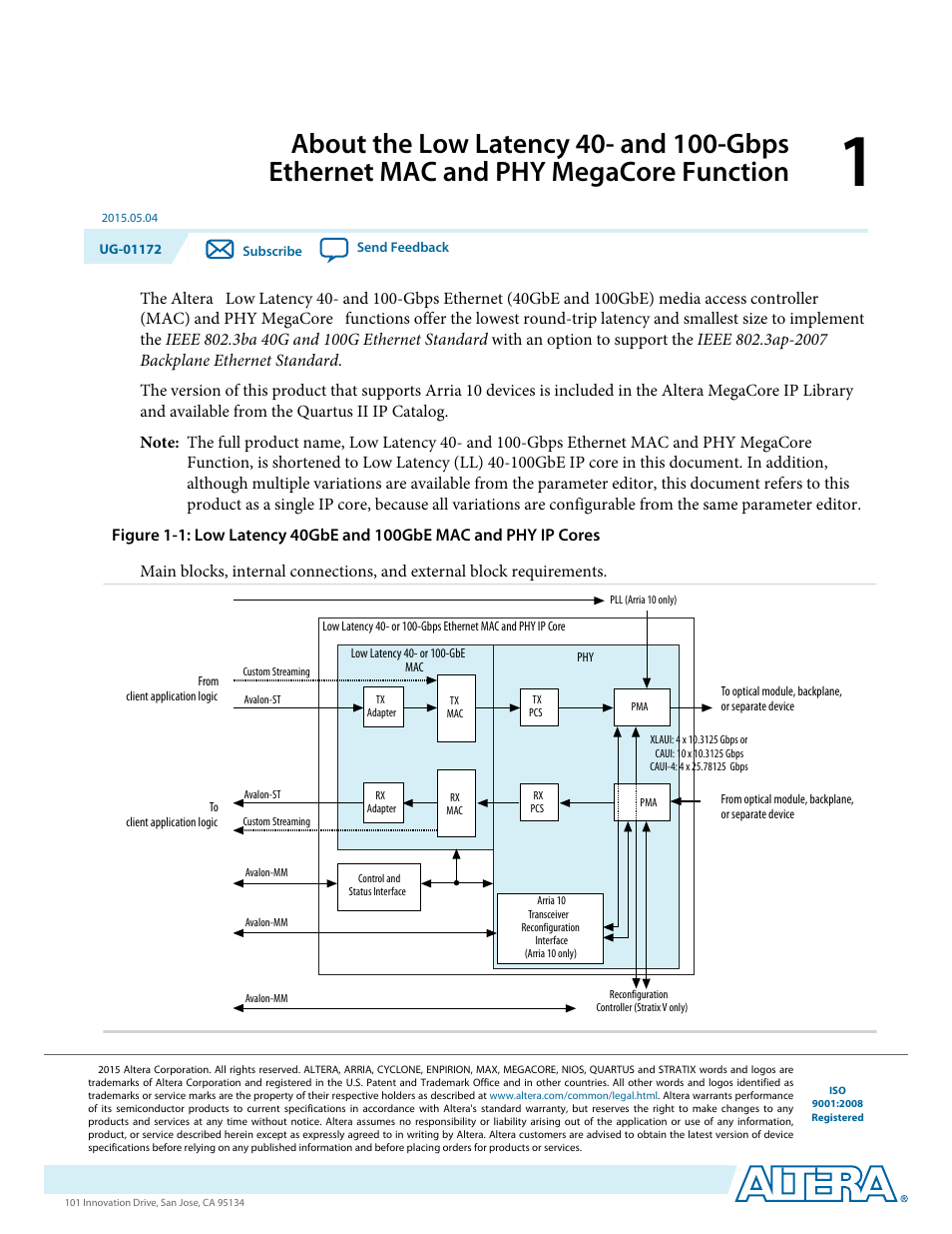 Megacore function -1, The altera | Altera Low Latency 40-Gbps Ethernet MAC and PHY MegaCore Function User Manual | Page 5 / 196