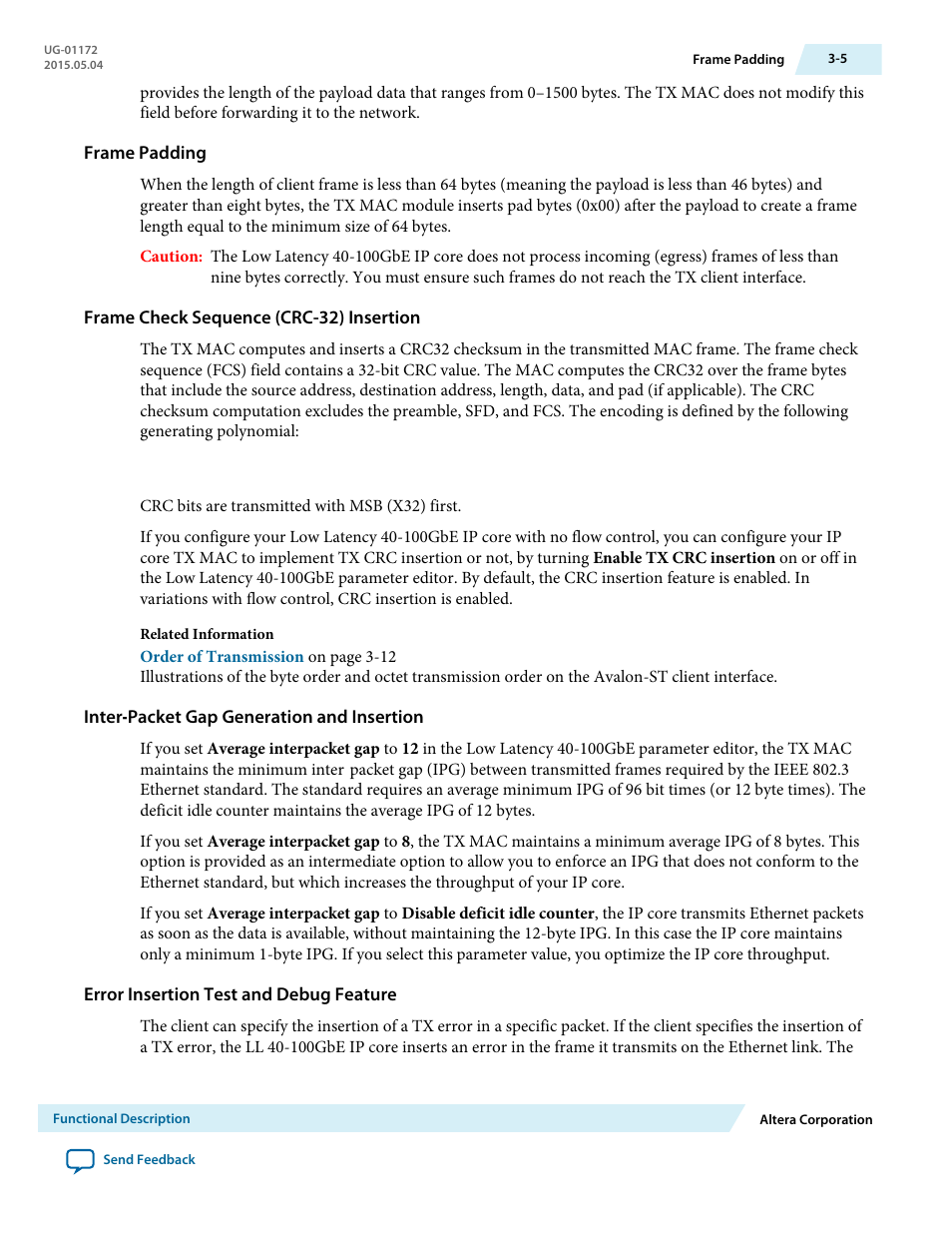 Frame padding, Frame check sequence (crc-32) insertion, Inter‑packet gap generation and insertion | Error insertion test and debug feature, Inter-packet gap generation and insertion | Altera Low Latency 40-Gbps Ethernet MAC and PHY MegaCore Function User Manual | Page 50 / 196