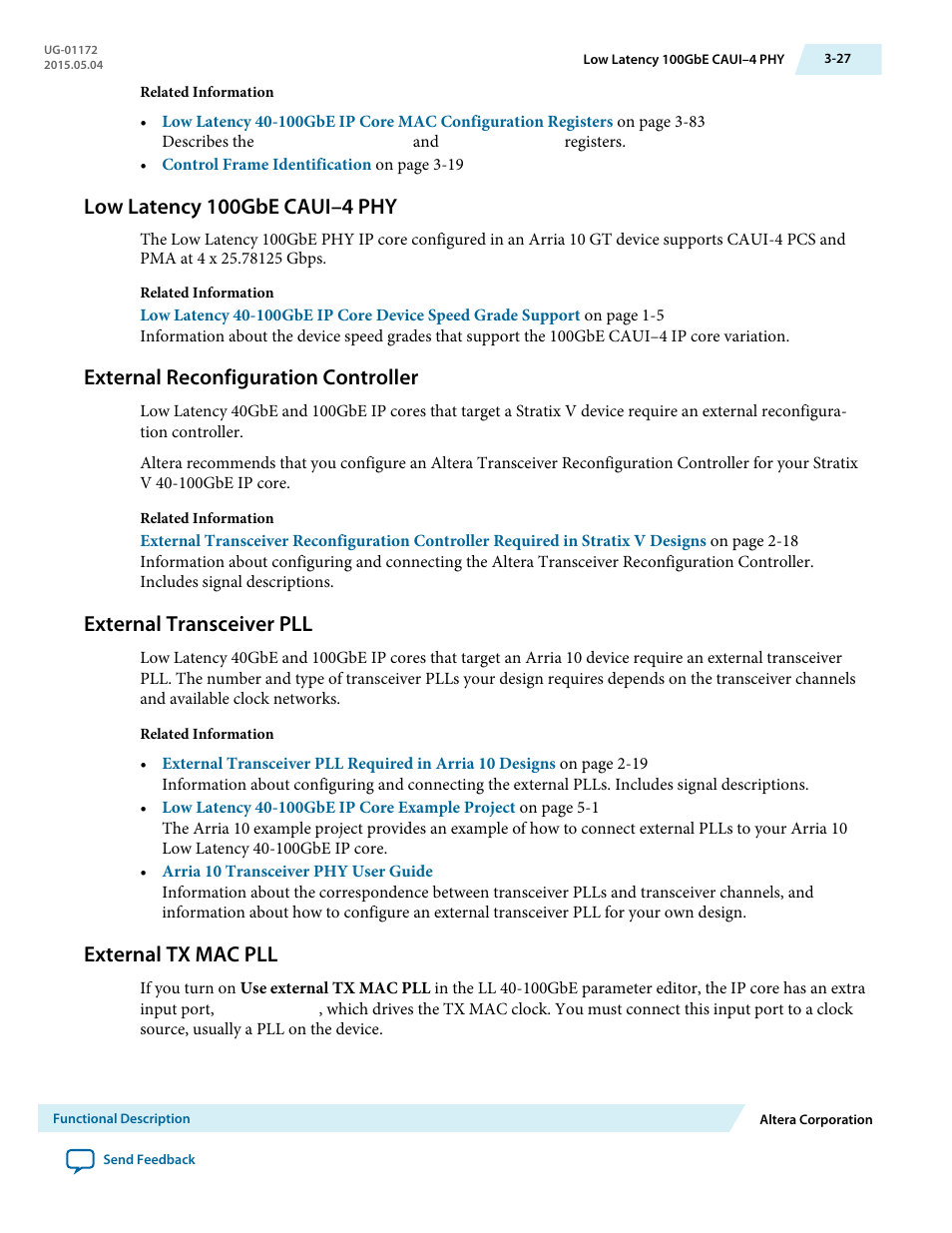 Low latency 100gbe caui–4 phy, External reconfiguration controller, External transceiver pll | External tx mac pll, Low latency 100gbe caui–4 phy -27, External reconfiguration controller -27, External transceiver pll -27, External tx mac pll -27 | Altera Low Latency 40-Gbps Ethernet MAC and PHY MegaCore Function User Manual | Page 72 / 196