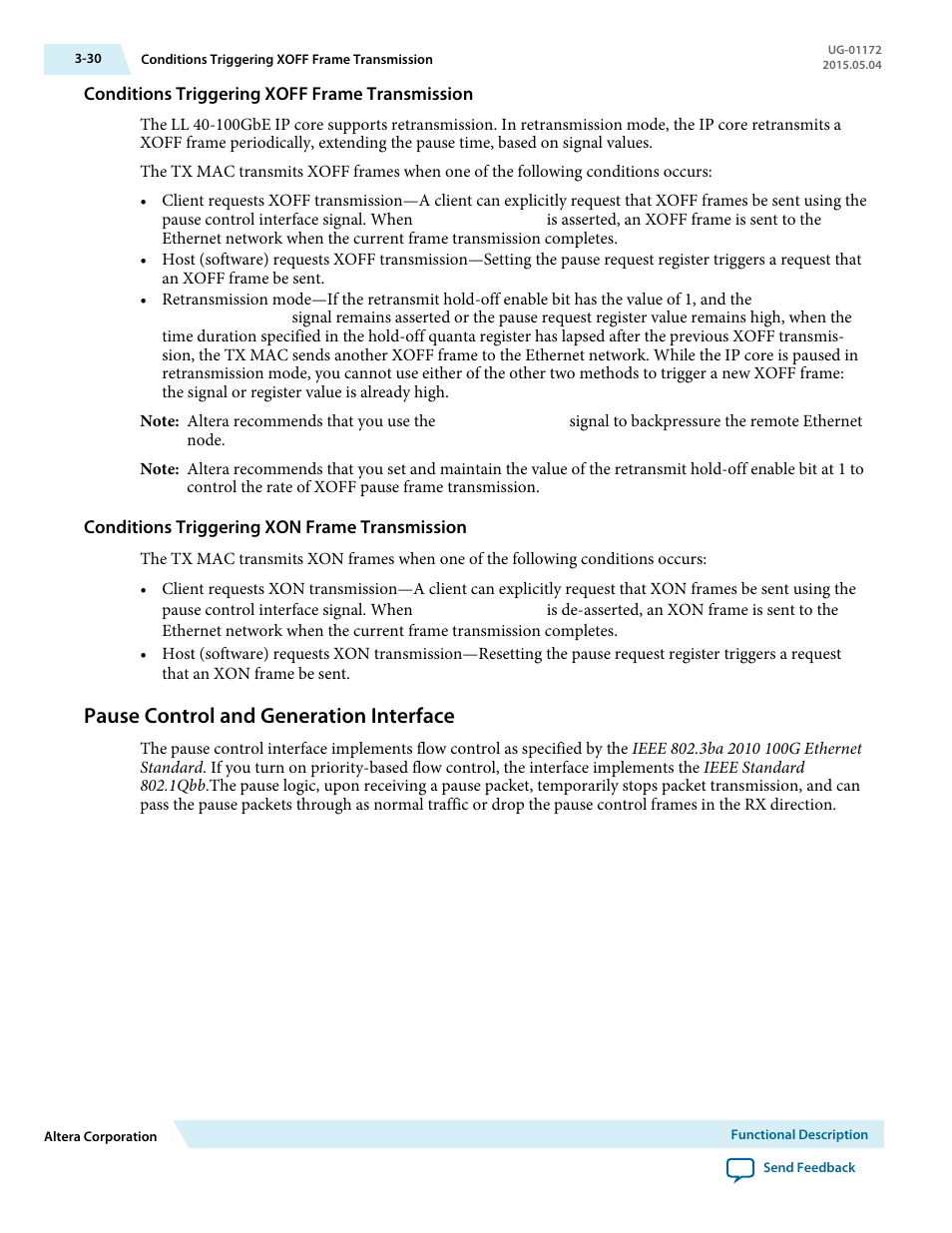 Conditions triggering xoff frame transmission, Conditions triggering xon frame transmission, Pause control and generation interface | Pause control and generation interface -30 | Altera Low Latency 40-Gbps Ethernet MAC and PHY MegaCore Function User Manual | Page 75 / 196