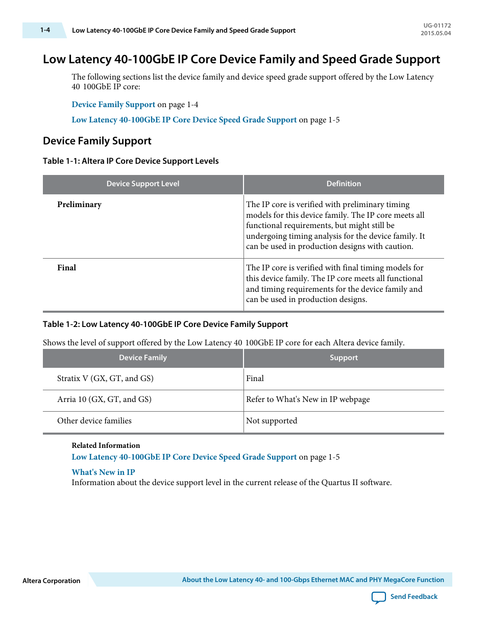Device family support, Device family support -4 | Altera Low Latency 40-Gbps Ethernet MAC and PHY MegaCore Function User Manual | Page 8 / 196