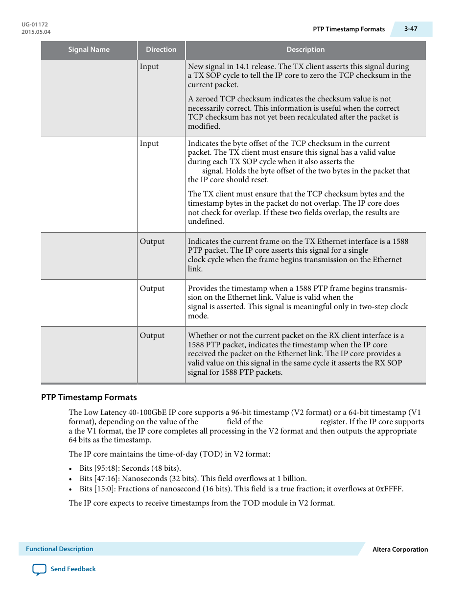 Ptp timestamp formats | Altera Low Latency 40-Gbps Ethernet MAC and PHY MegaCore Function User Manual | Page 92 / 196