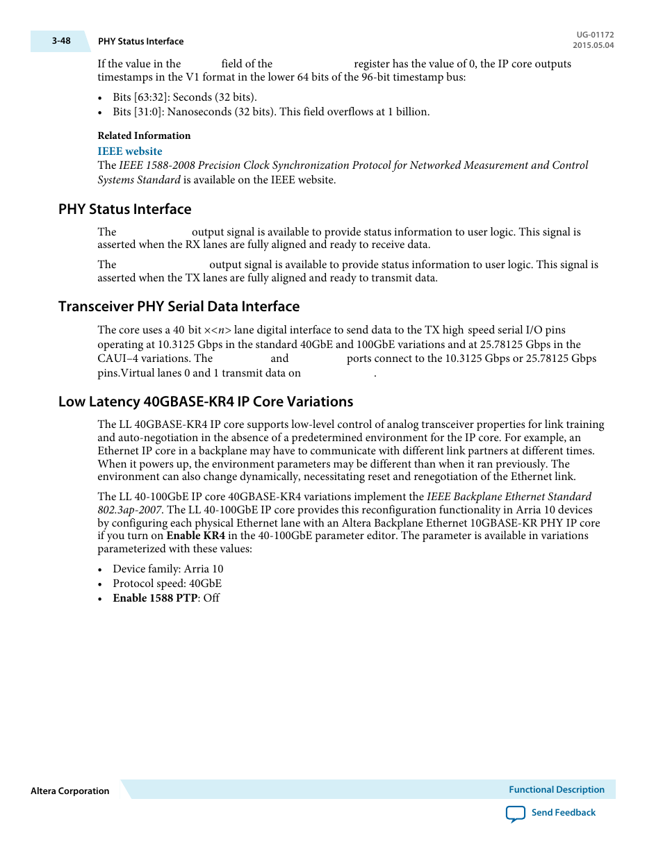 Phy status interface, Transceiver phy serial data interface, Low latency 40gbase-kr4 ip core variations | Phy status interface -48, Transceiver phy serial data interface -48, Low latency 40gbase-kr4 ip core variations -48 | Altera Low Latency 40-Gbps Ethernet MAC and PHY MegaCore Function User Manual | Page 93 / 196