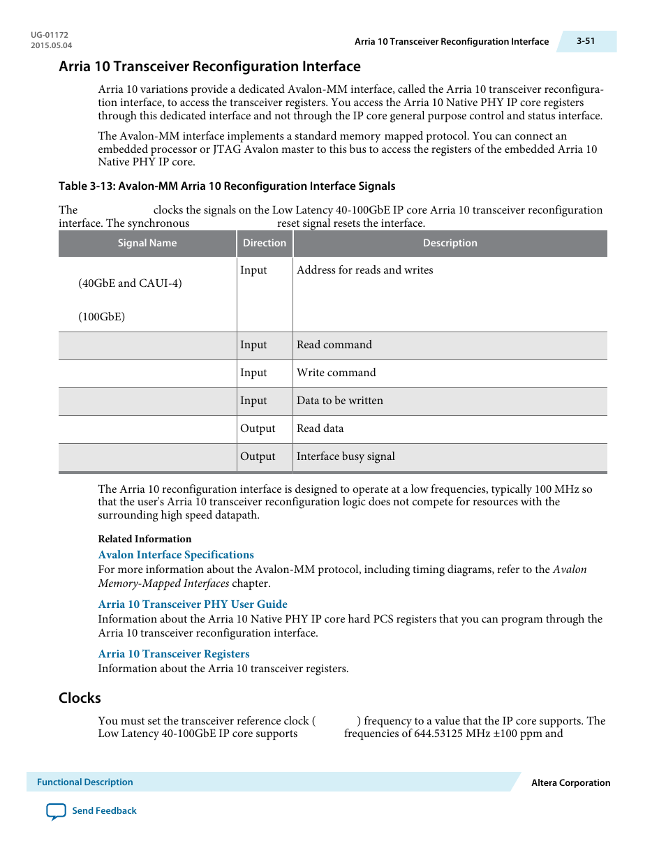 Arria 10 transceiver reconfiguration interface, Clocks, Arria 10 transceiver reconfiguration interface -51 | Clocks -51 | Altera Low Latency 40-Gbps Ethernet MAC and PHY MegaCore Function User Manual | Page 96 / 196