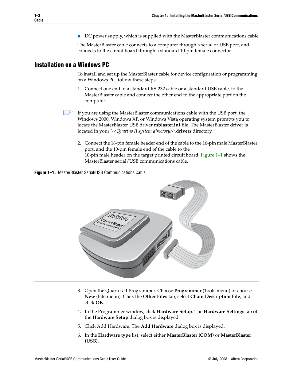 Installation on a windows pc, Installation on a windows pc –2 | Altera MasterBlaster Serial/USB User Manual | Page 10 / 22