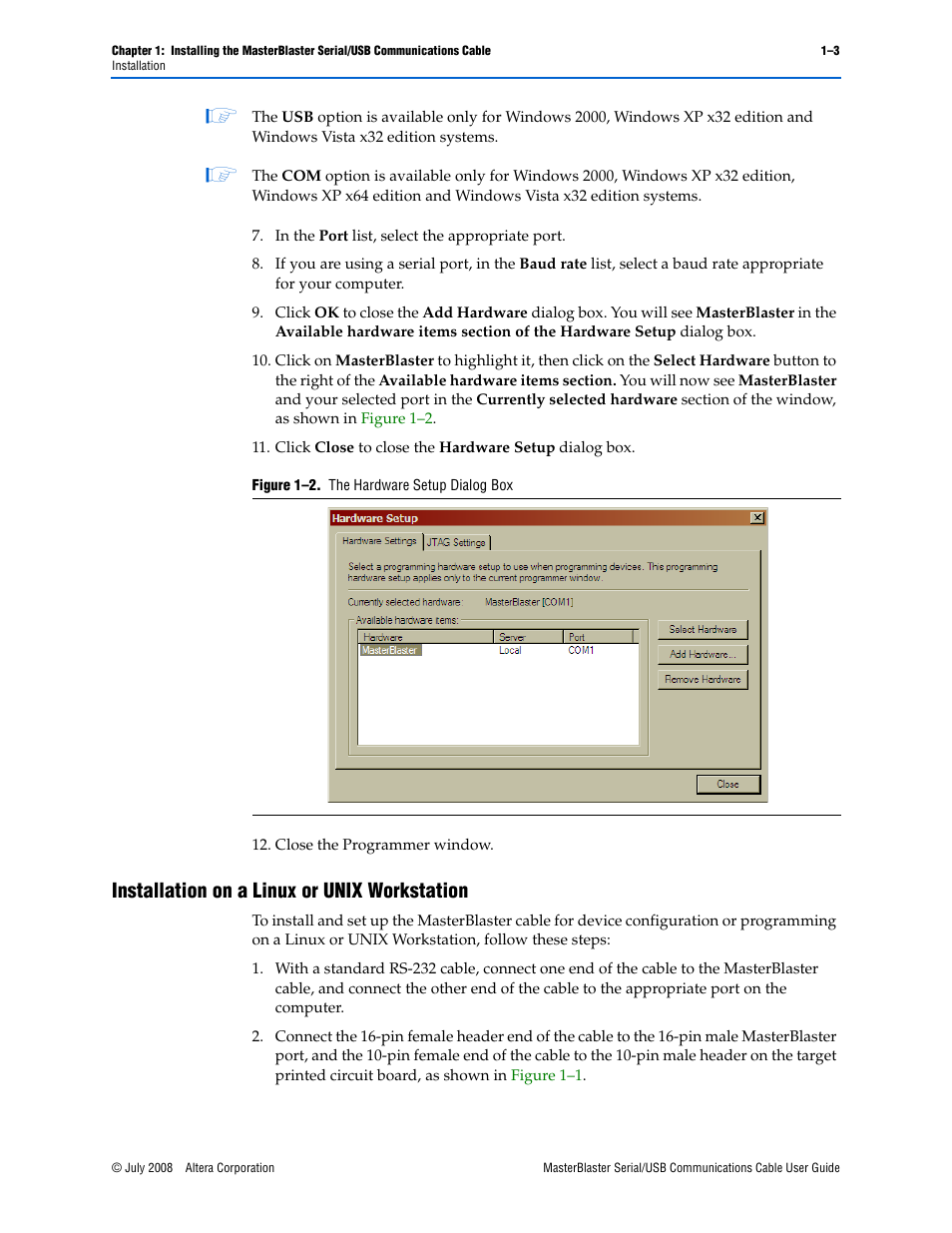 Installation on a linux or unix workstation, Installation on a linux or unix workstation –3, Figure 1–2: the hardware setup dialog box -3 | Altera MasterBlaster Serial/USB User Manual | Page 11 / 22