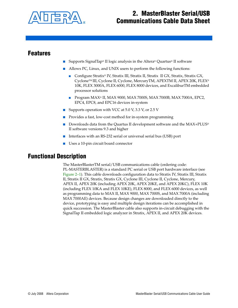 Features, Functional description, Features –1 functional description –1 | Altera MasterBlaster Serial/USB User Manual | Page 13 / 22