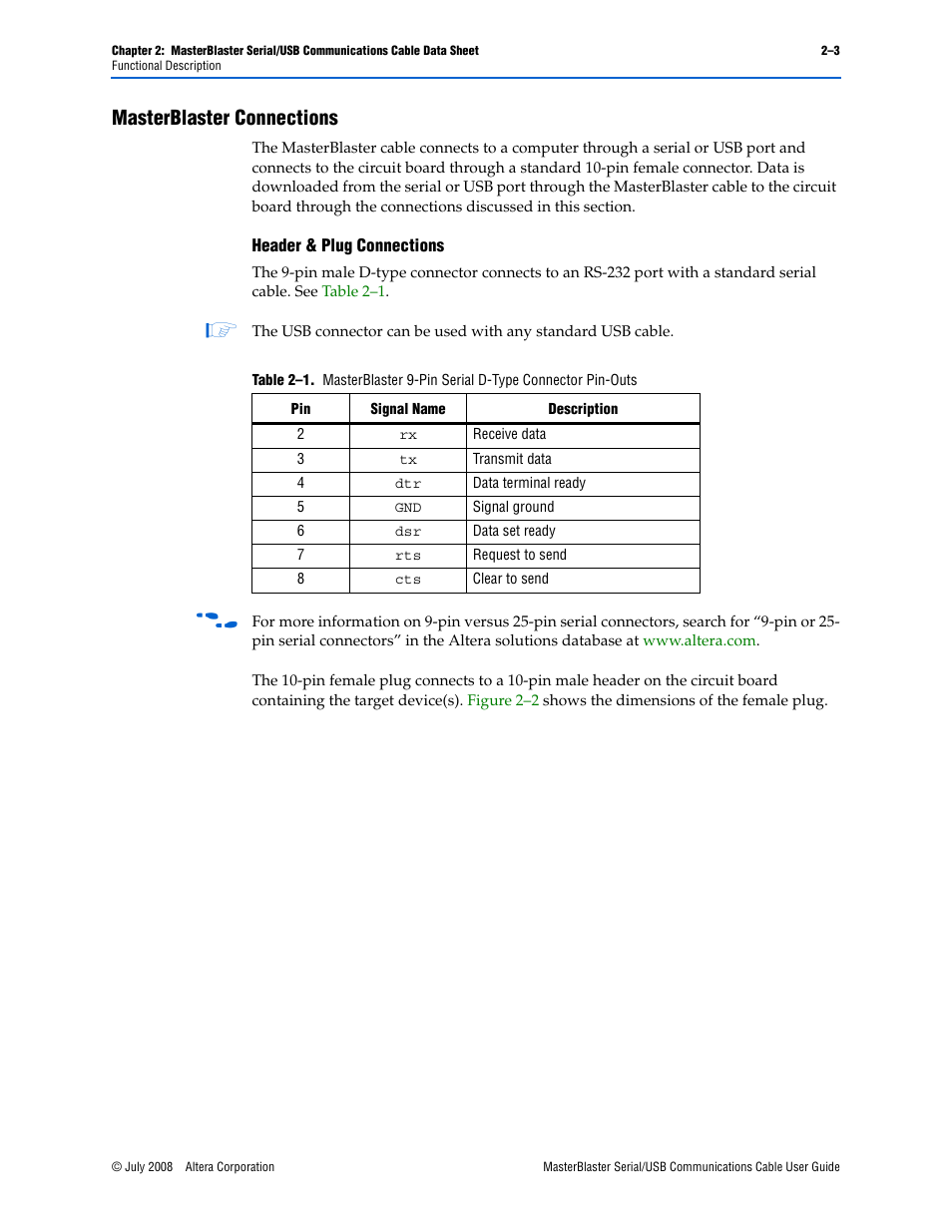 Masterblaster connections, Masterblaster connections –3, Header & plug connections –3 | Altera MasterBlaster Serial/USB User Manual | Page 15 / 22