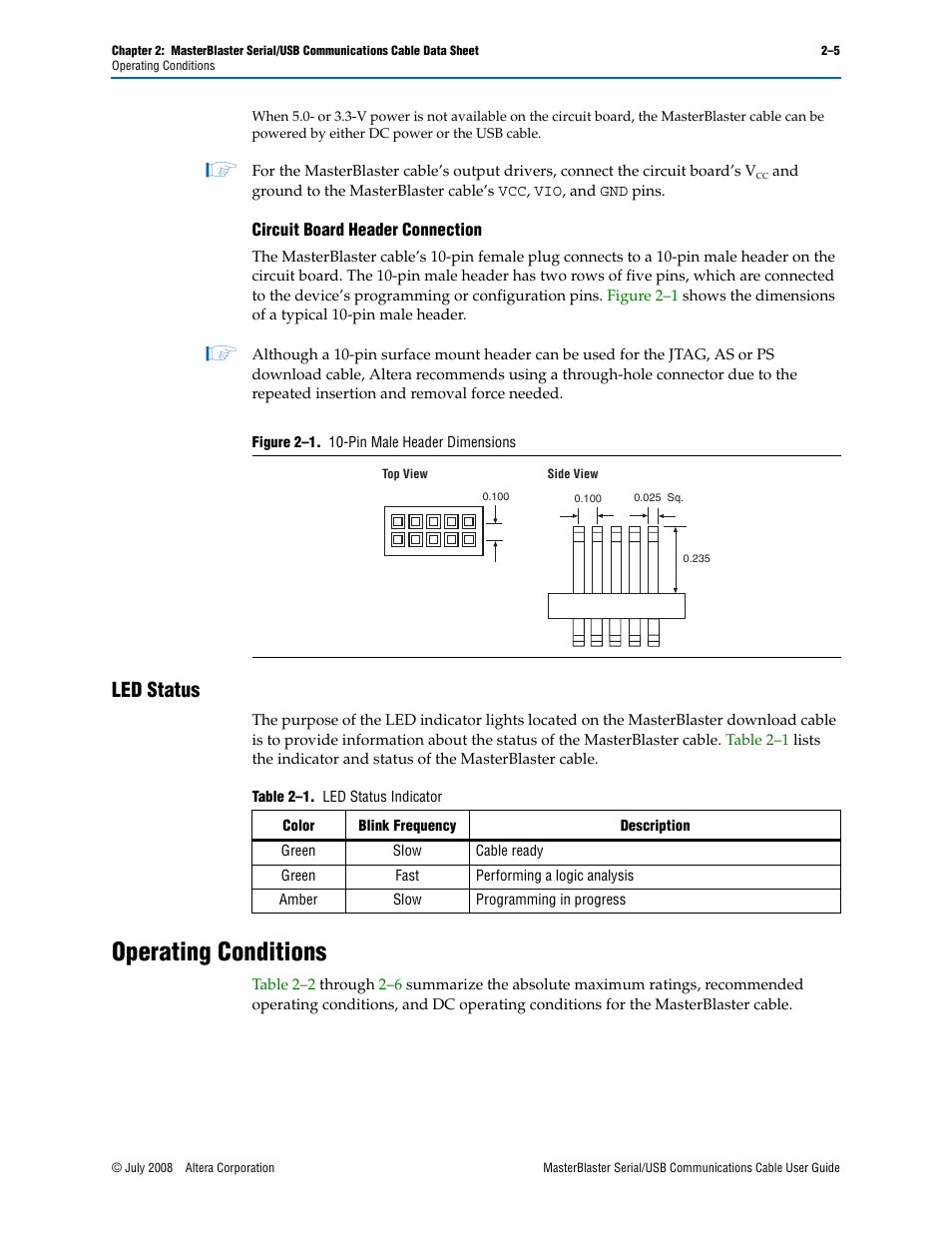 Led status, Operating conditions, Circuit board header connection –5 | Led status –5, Operating conditions –5, Figure 2–1: 10-pin male header dimensions -5, Table 2–1: led status indicator -5 | Altera MasterBlaster Serial/USB User Manual | Page 17 / 22