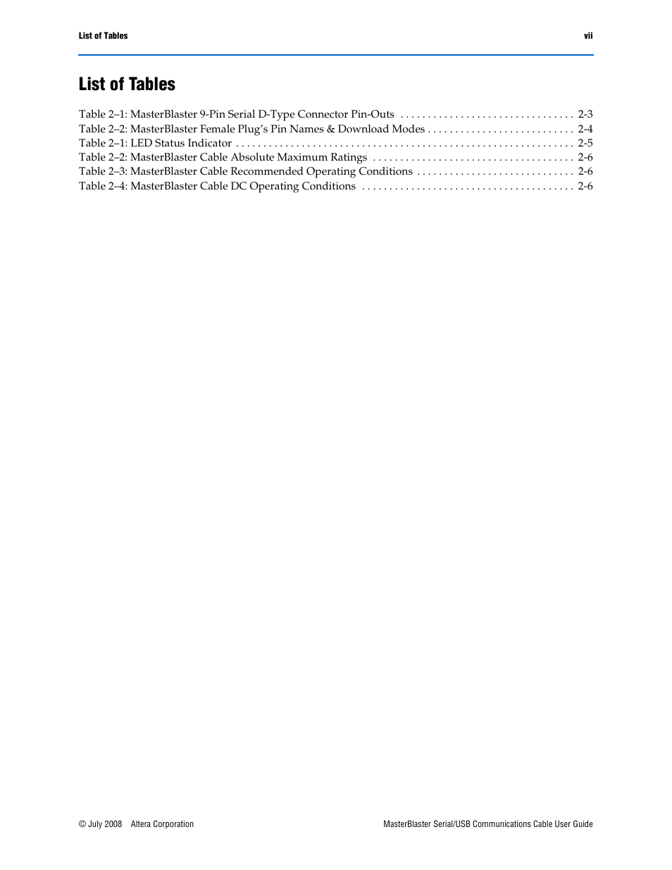 List of tables | Altera MasterBlaster Serial/USB User Manual | Page 7 / 22