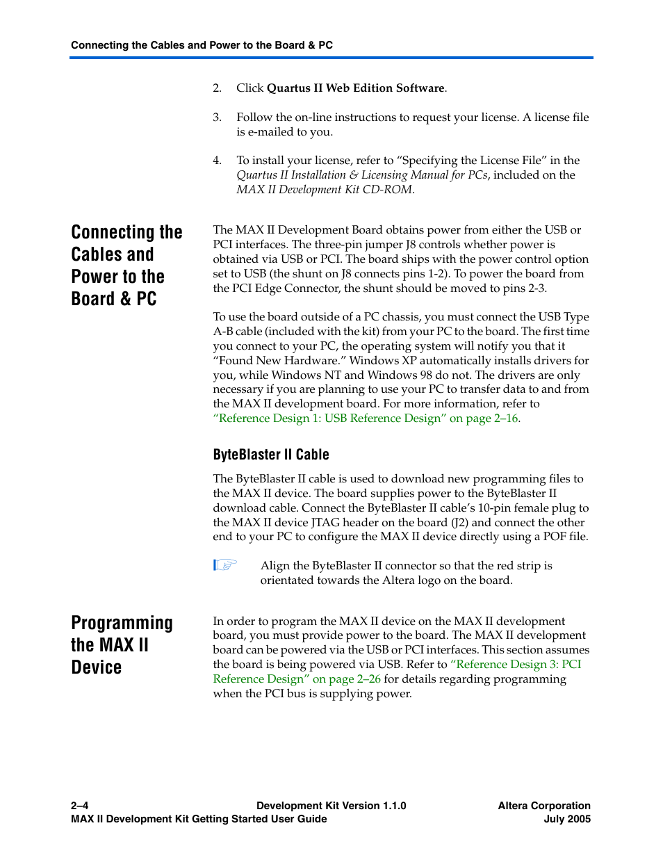 Connecting the cables and power to the board & pc, Byteblaster ii cable, Programming the max ii device | Programming the max ii device –4 | Altera MAX II User Manual | Page 12 / 38