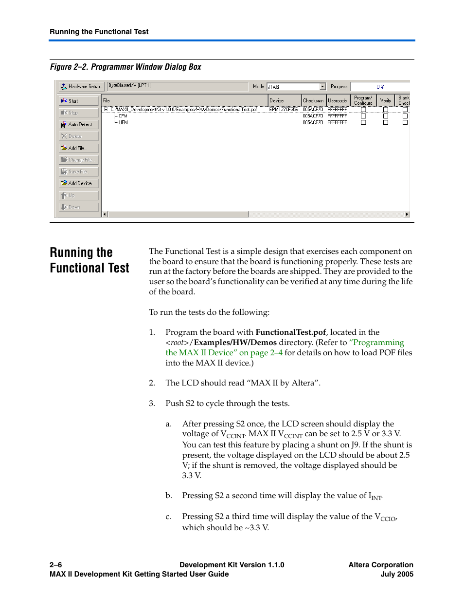 Running the functional test, Running the functional test –6 | Altera MAX II User Manual | Page 14 / 38