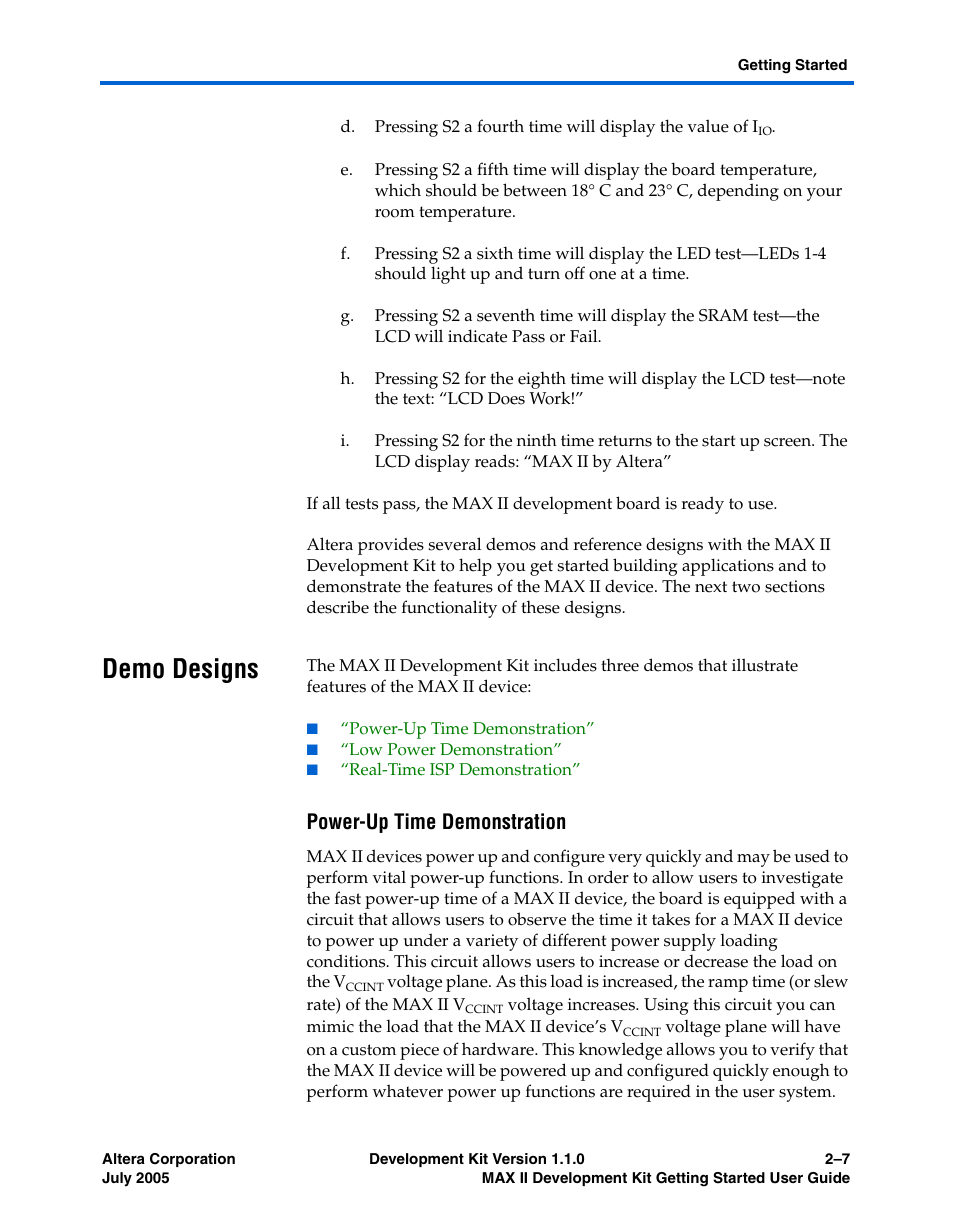 Demo designs, Power-up time demonstration, Demo designs –7 | Altera MAX II User Manual | Page 15 / 38