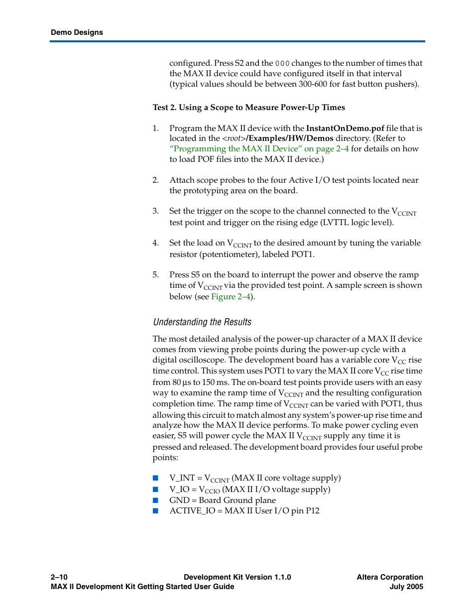 Test 2. using a scope to measure power-up times, Understanding the results | Altera MAX II User Manual | Page 18 / 38