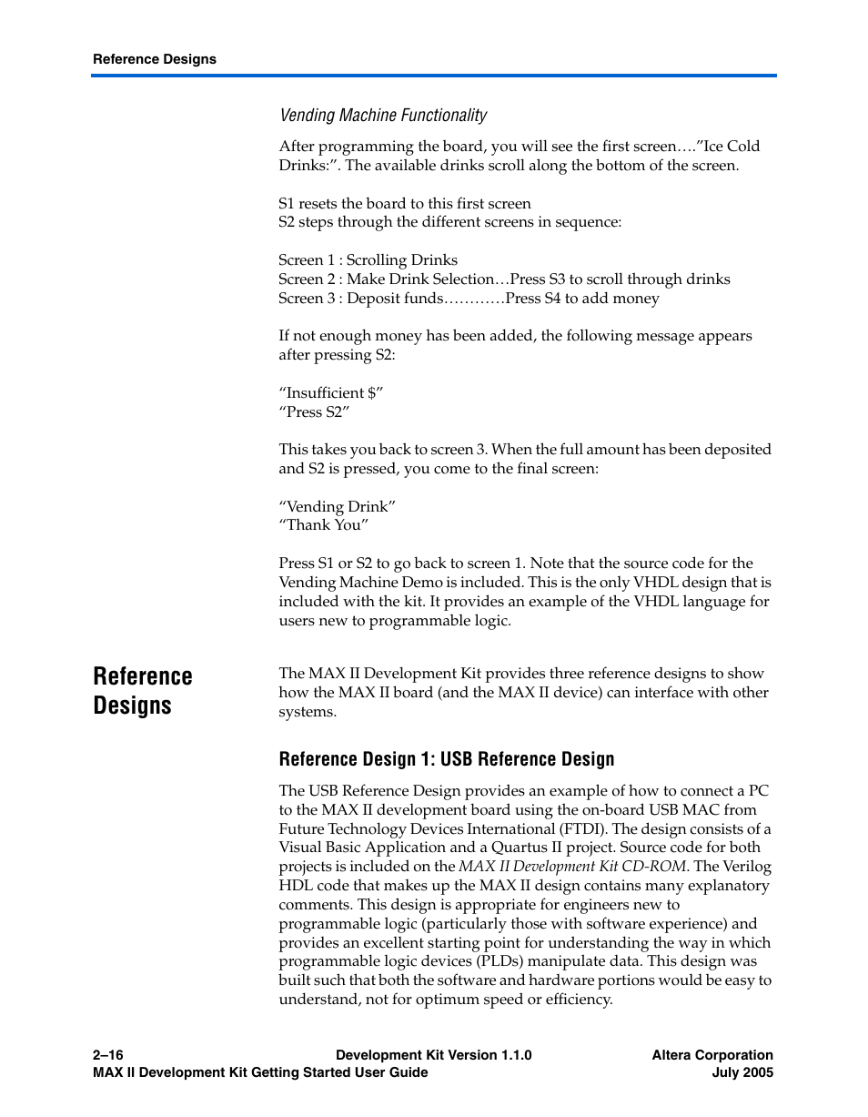 Vending machine functionality, Reference designs, Reference design 1: usb reference design | Reference designs –16 | Altera MAX II User Manual | Page 24 / 38