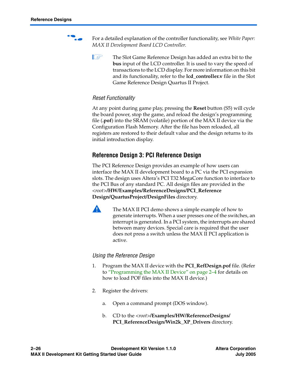 Reset functionality, Reference design 3: pci reference design, Using the reference design | Reference design 3: pci | Altera MAX II User Manual | Page 34 / 38