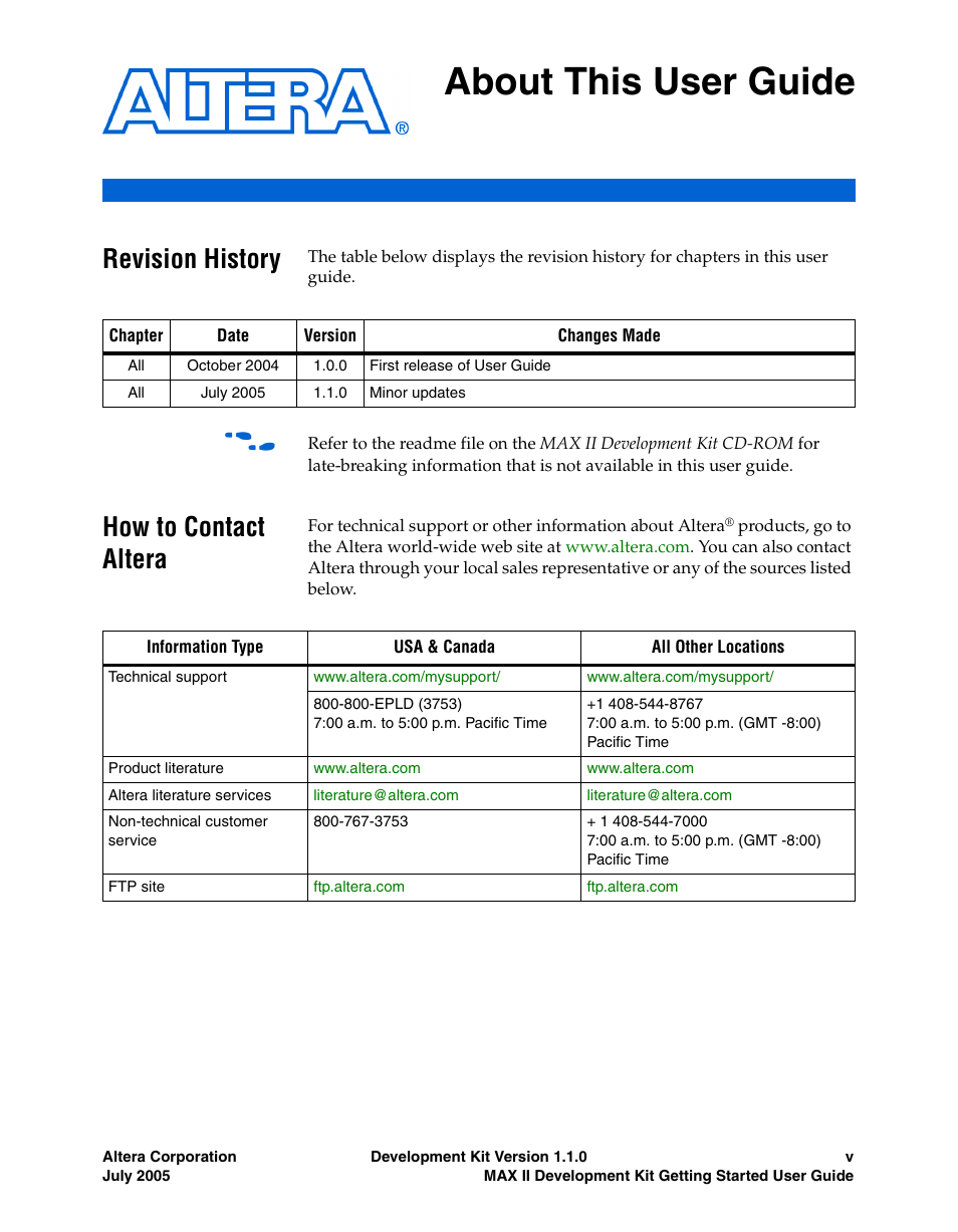 About this user guide, Revision history, How to contact altera | Altera MAX II User Manual | Page 5 / 38