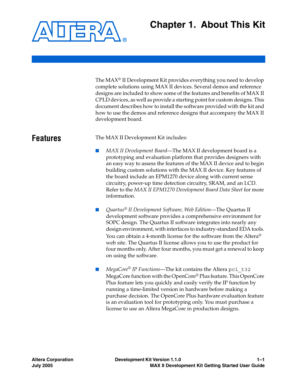 Chapter 1. about this kit, Features, Features –1 | Altera MAX II User Manual | Page 7 / 38