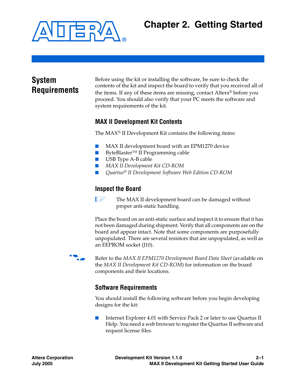 Chapter 2. getting started, System requirements, Max ii development kit contents | Inspect the board, Software requirements | Altera MAX II User Manual | Page 9 / 38