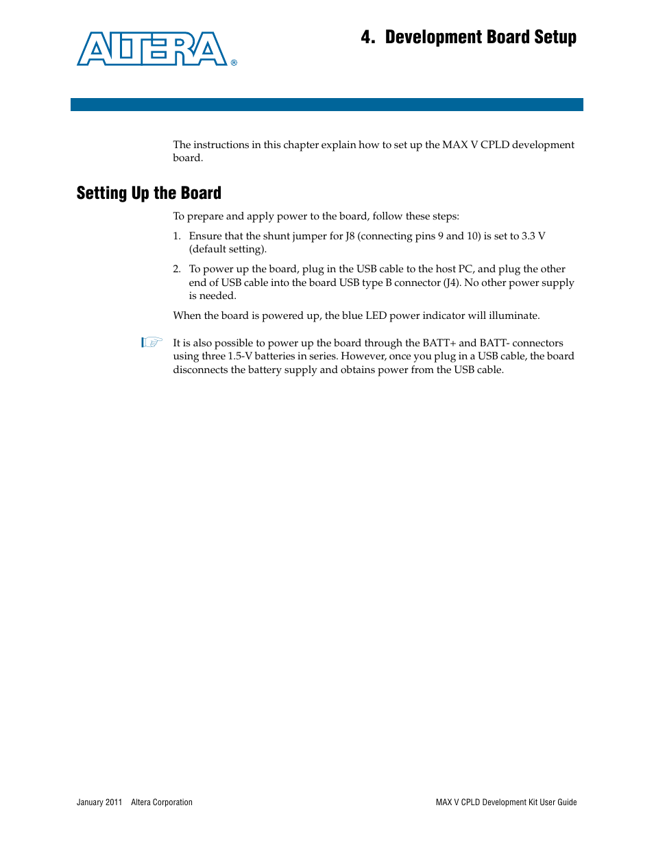 Development board setup, Setting up the board, Chapter 4. development board setup | Setting up the board –1 | Altera MAX V CPLD User Manual | Page 13 / 30