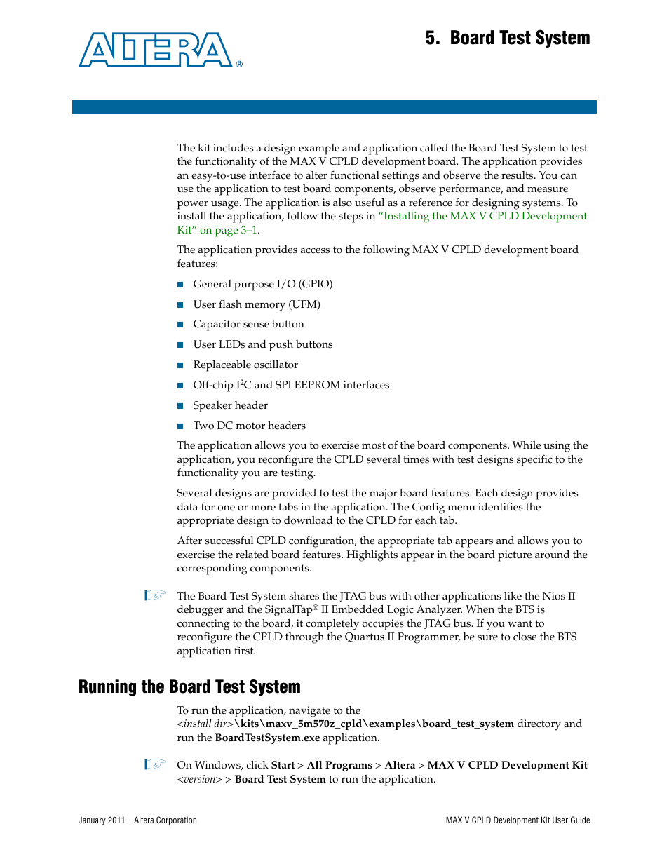 Board test system, Running the board test system, Chapter 5. board test system | Running the board test system –1 | Altera MAX V CPLD User Manual | Page 15 / 30