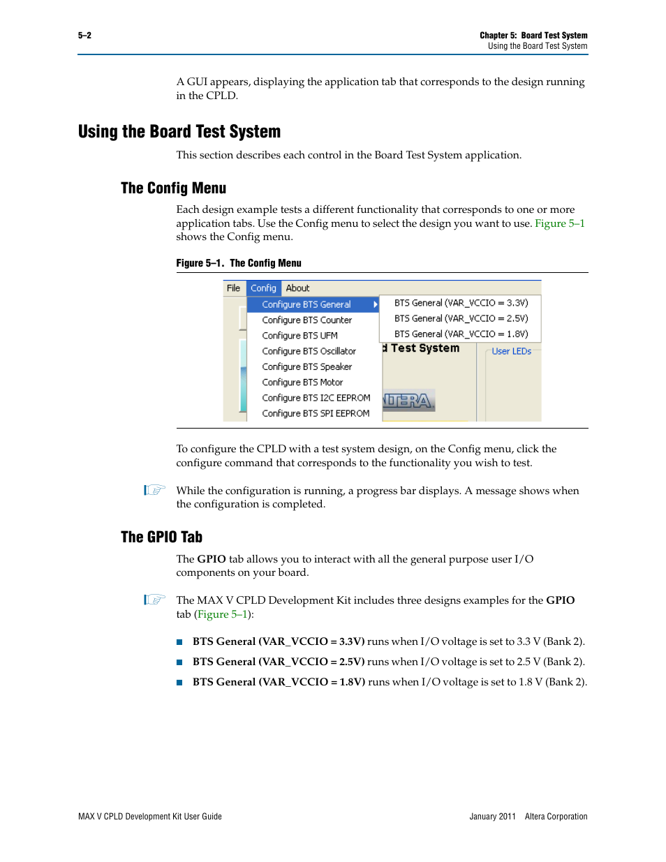 Using the board test system, The config menu, The gpio tab | Using the board test system –2, The config menu –2 the gpio tab –2 | Altera MAX V CPLD User Manual | Page 16 / 30