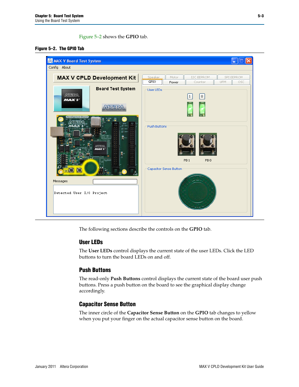 User leds, Push buttons, Capacitor sense button | Altera MAX V CPLD User Manual | Page 17 / 30