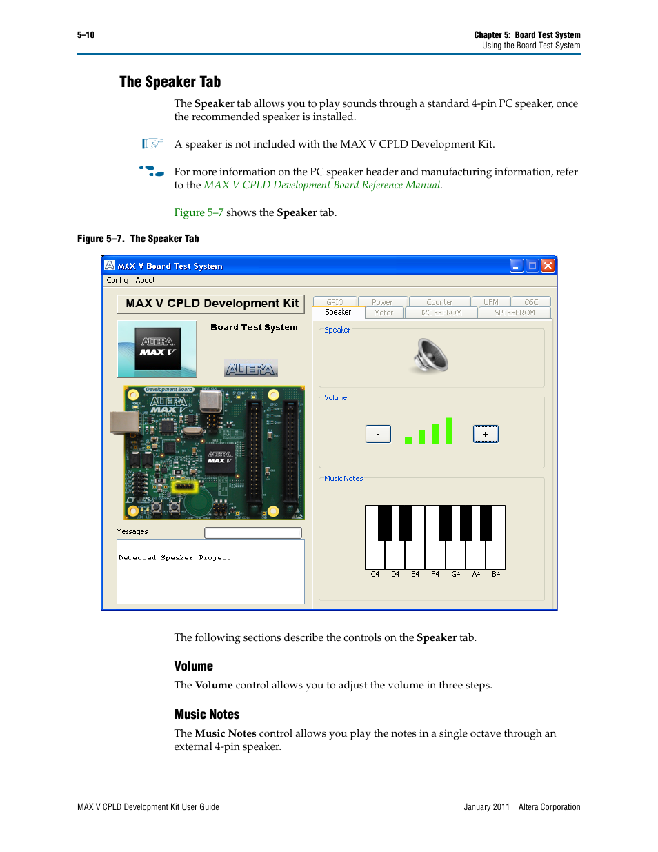 The speaker tab, The speaker tab –10, Volume –10 music notes –10 | Altera MAX V CPLD User Manual | Page 24 / 30