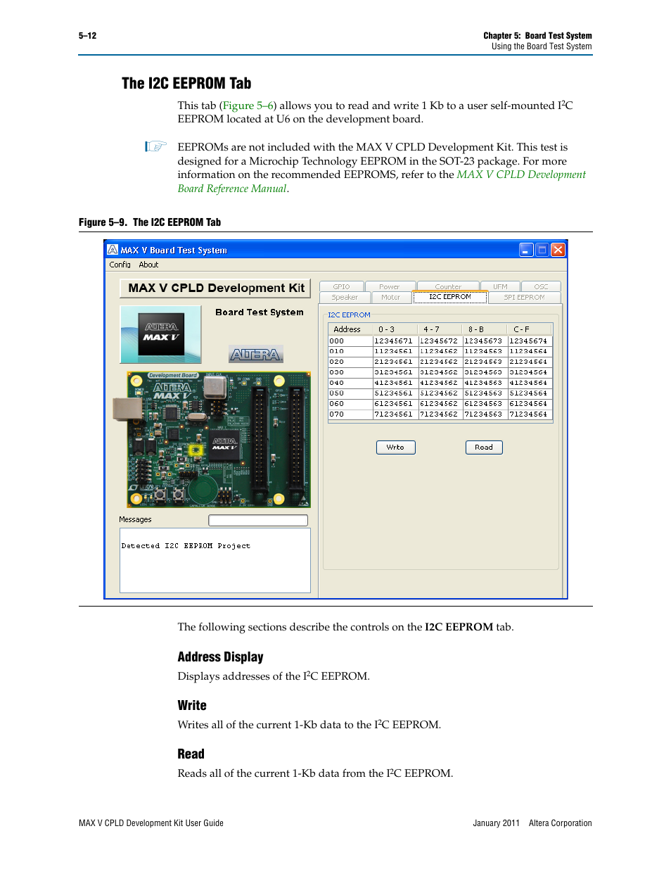 The i2c eeprom tab, The i2c eeprom tab –12, Address display –12 write –12 read –12 | Address display, Write, Read | Altera MAX V CPLD User Manual | Page 26 / 30