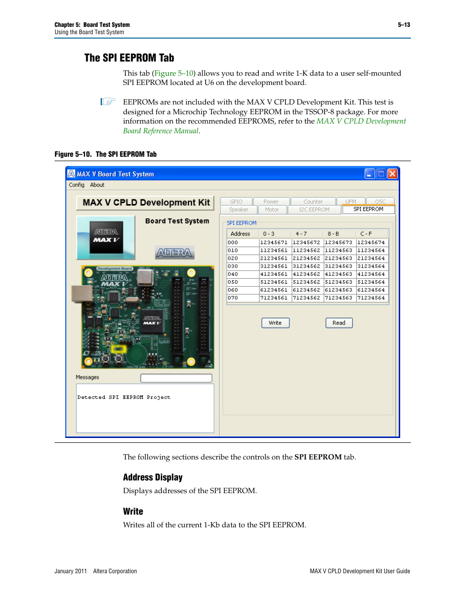 The spi eeprom tab, The spi eeprom tab –13, Address display –13 write –13 | Altera MAX V CPLD User Manual | Page 27 / 30