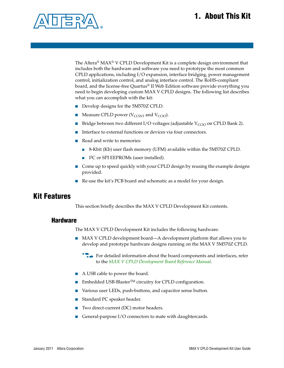 About this kit, Kit features, Hardware | Chapter 1. about this kit, Kit features –1, Hardware –1 | Altera MAX V CPLD User Manual | Page 5 / 30