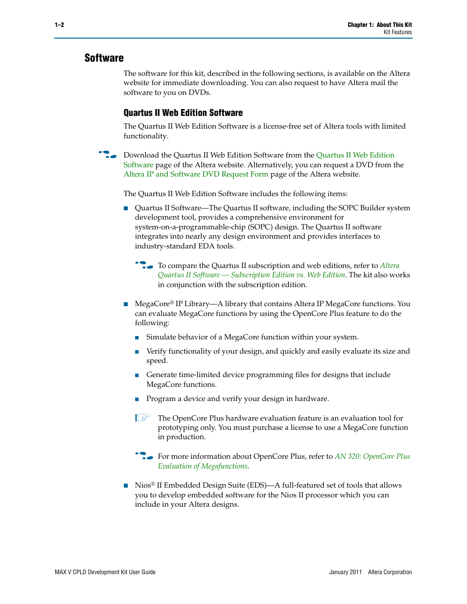 Software, Software –2, Quartus ii web edition software –2 | Quartus ii web edition software | Altera MAX V CPLD User Manual | Page 6 / 30