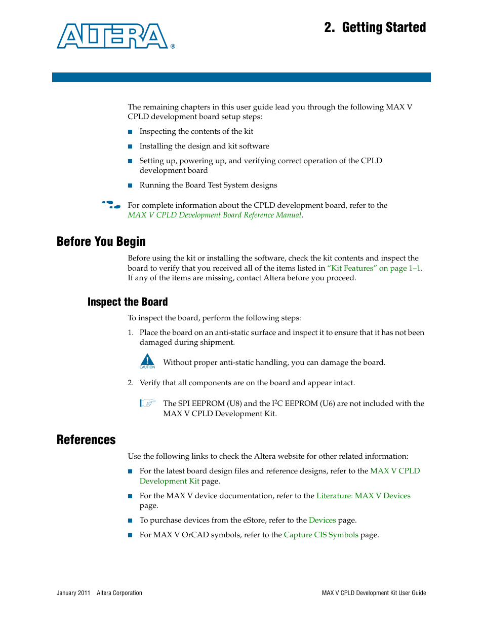 Getting started, Before you begin, Inspect the board | References, Chapter 2. getting started, Before you begin –1, Inspect the board –1, References –1 | Altera MAX V CPLD User Manual | Page 9 / 30
