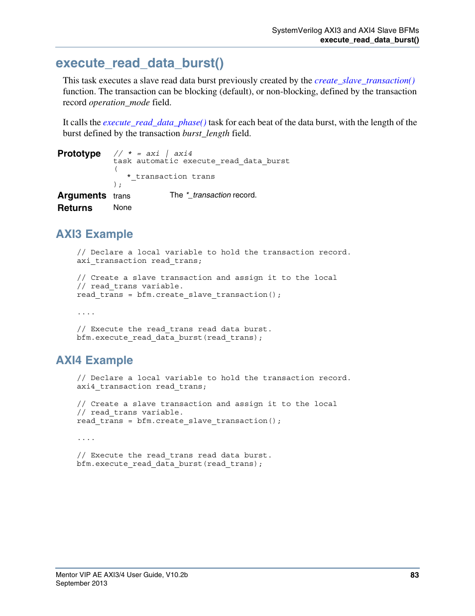 Execute_read_data_burst(), Axi3 example, Axi4 example | Task. the | Altera Mentor Verification IP Altera Edition AMBA AXI3/4TM User Manual | Page 101 / 783