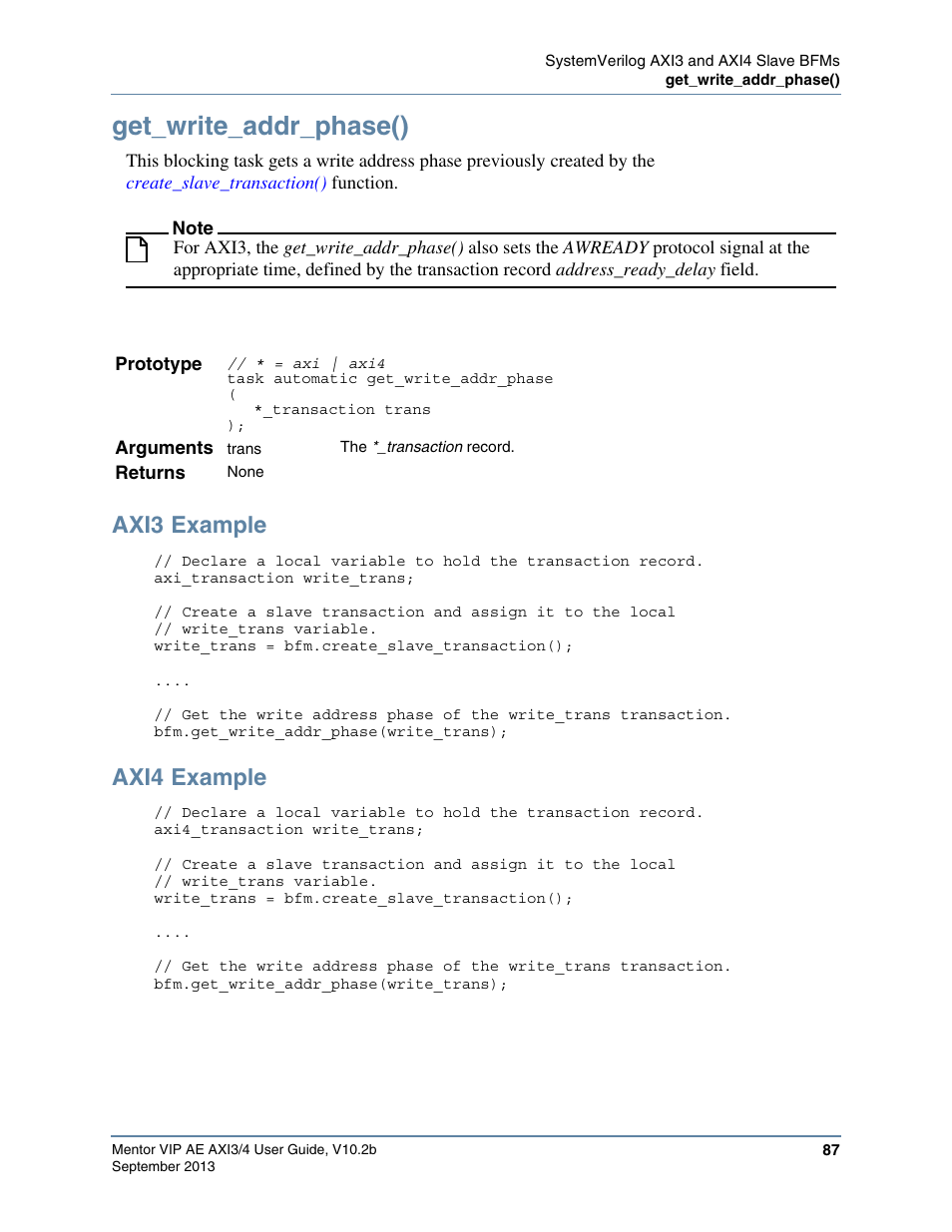 Get_write_addr_phase(), Axi3 example, Axi4 example | Slave calling the, Task, followed by the, Transaction by calling the, Test program using | Altera Mentor Verification IP Altera Edition AMBA AXI3/4TM User Manual | Page 105 / 783