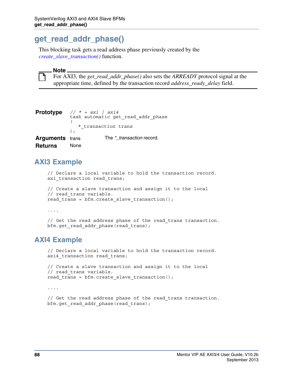 Get_read_addr_phase(), Axi3 example, Axi4 example | Task | Altera Mentor Verification IP Altera Edition AMBA AXI3/4TM User Manual | Page 106 / 783