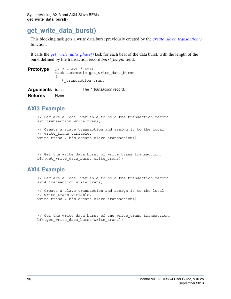 Get_write_data_burst(), Axi3 example, Axi4 example | Altera Mentor Verification IP Altera Edition AMBA AXI3/4TM User Manual | Page 108 / 783