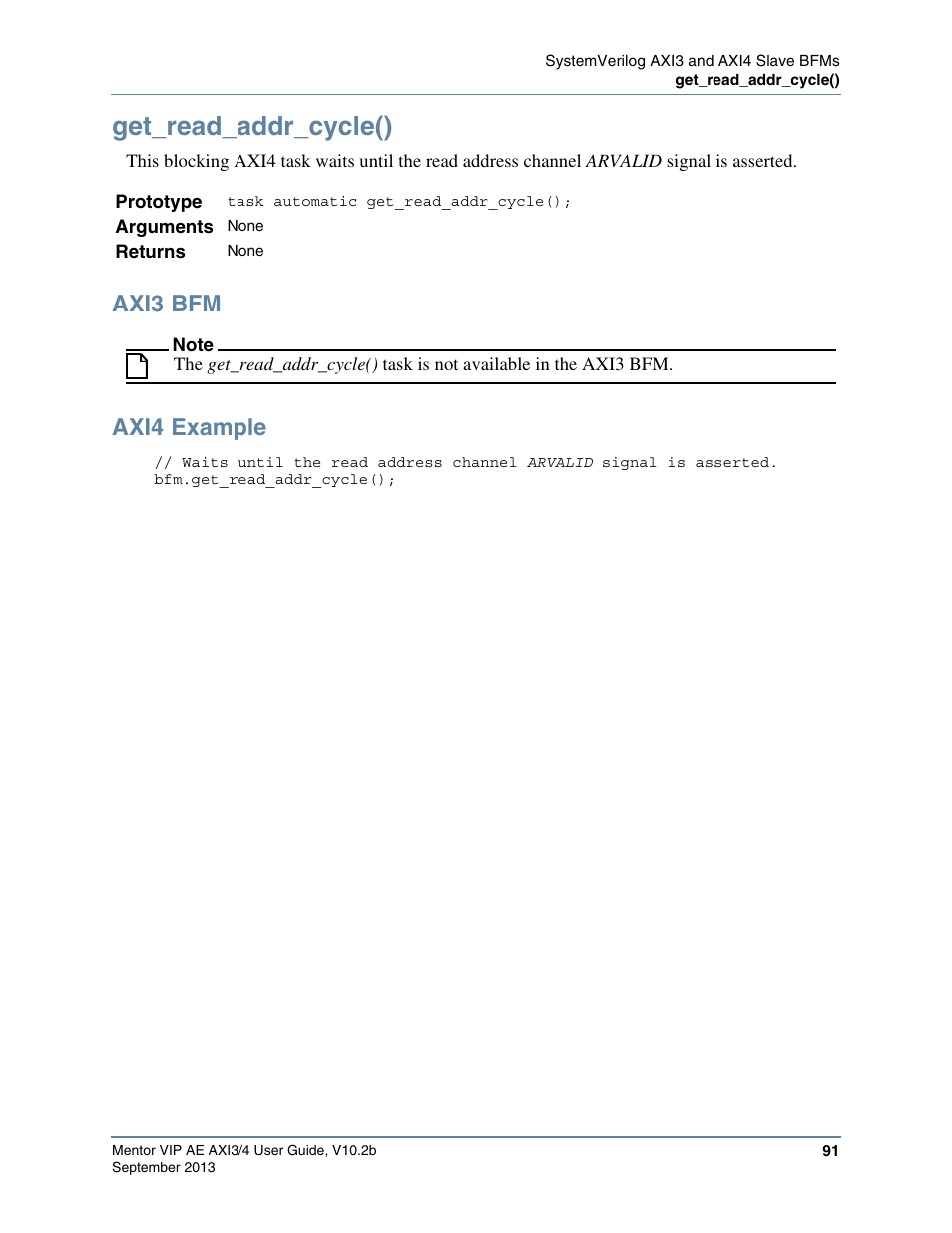 Get_read_addr_cycle(), Axi3 bfm, Axi4 example | Altera Mentor Verification IP Altera Edition AMBA AXI3/4TM User Manual | Page 109 / 783