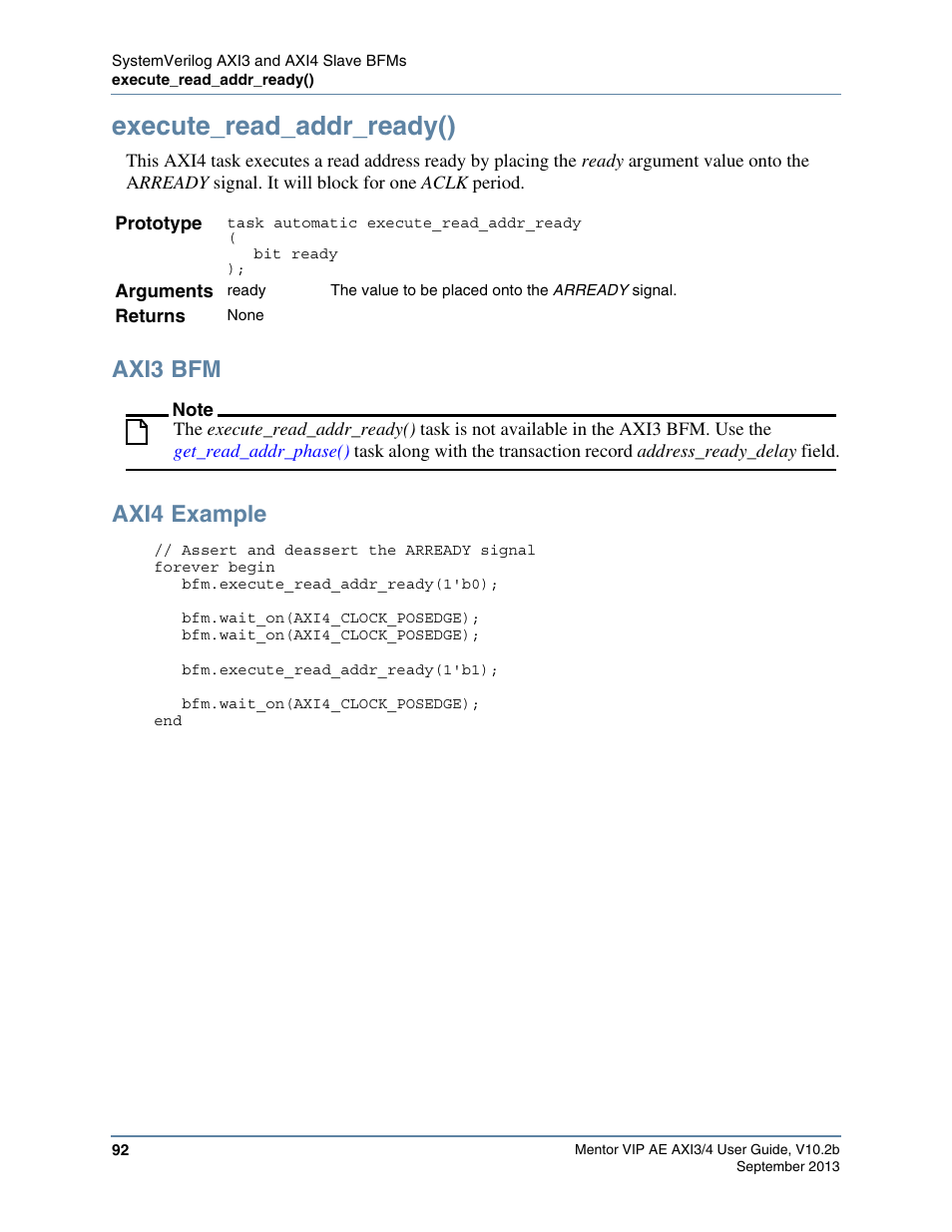 Execute_read_addr_ready(), Axi3 bfm, Axi4 example | Altera Mentor Verification IP Altera Edition AMBA AXI3/4TM User Manual | Page 110 / 783
