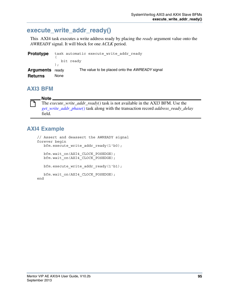 Execute_write_addr_ready(), Axi3 bfm, Axi4 example | Altera Mentor Verification IP Altera Edition AMBA AXI3/4TM User Manual | Page 113 / 783