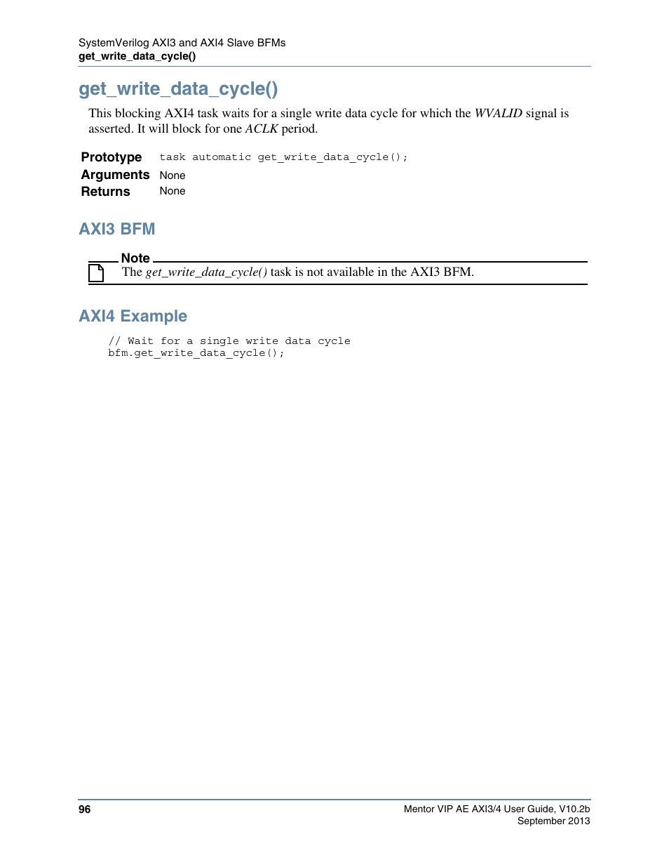 Get_write_data_cycle(), Axi3 bfm, Axi4 example | Altera Mentor Verification IP Altera Edition AMBA AXI3/4TM User Manual | Page 114 / 783